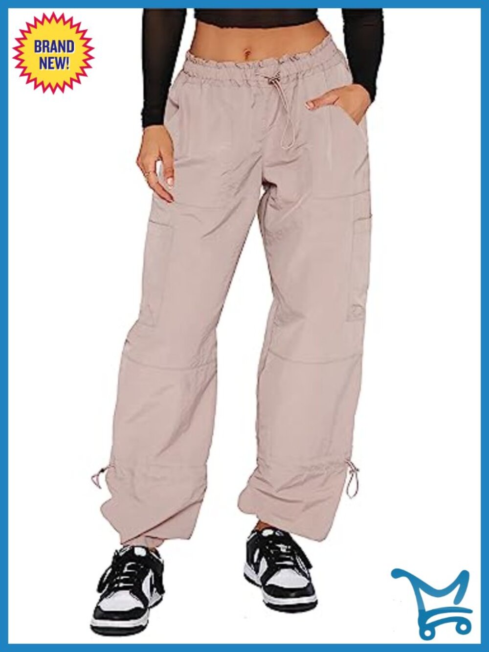 Women's Nylon Cargo Parachute Pants Baggy Y2K Low Rise Wide Leg